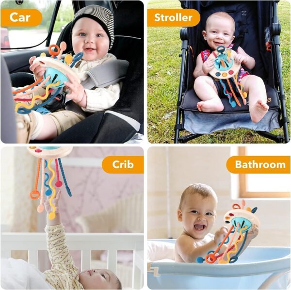 Kidology Soft Pull String Sensory Teething Toy for Babies 6 months & above | Food Grade Silicone teether | Montessori toys for travel | Fine Motor Skills, Fun activity for Toddlers (UFO), Multicolor - Image 3