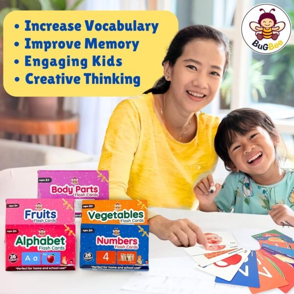 BuGBee Flash Cards for Kids 2+ Years | Montessori Toys & Games, Preschool Learning for Kids for 1, 2, 3, 4 Years (Alphabets +Numbers + Fruits + Vegetables + bodyparts Flash Cards (Set of 5) - Image 3