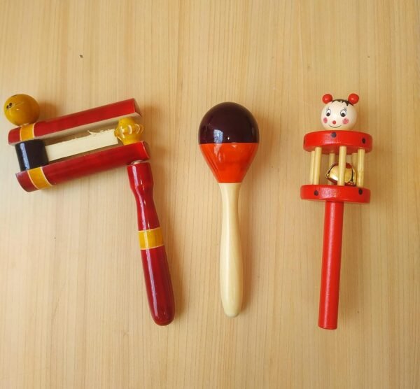 Channapatna Toys Wooden Rattle Toys for Baby/Infants (0+ Years) - Set of 3 pcs - Multicolor - Discover Sounds, Develops Sensory Skills