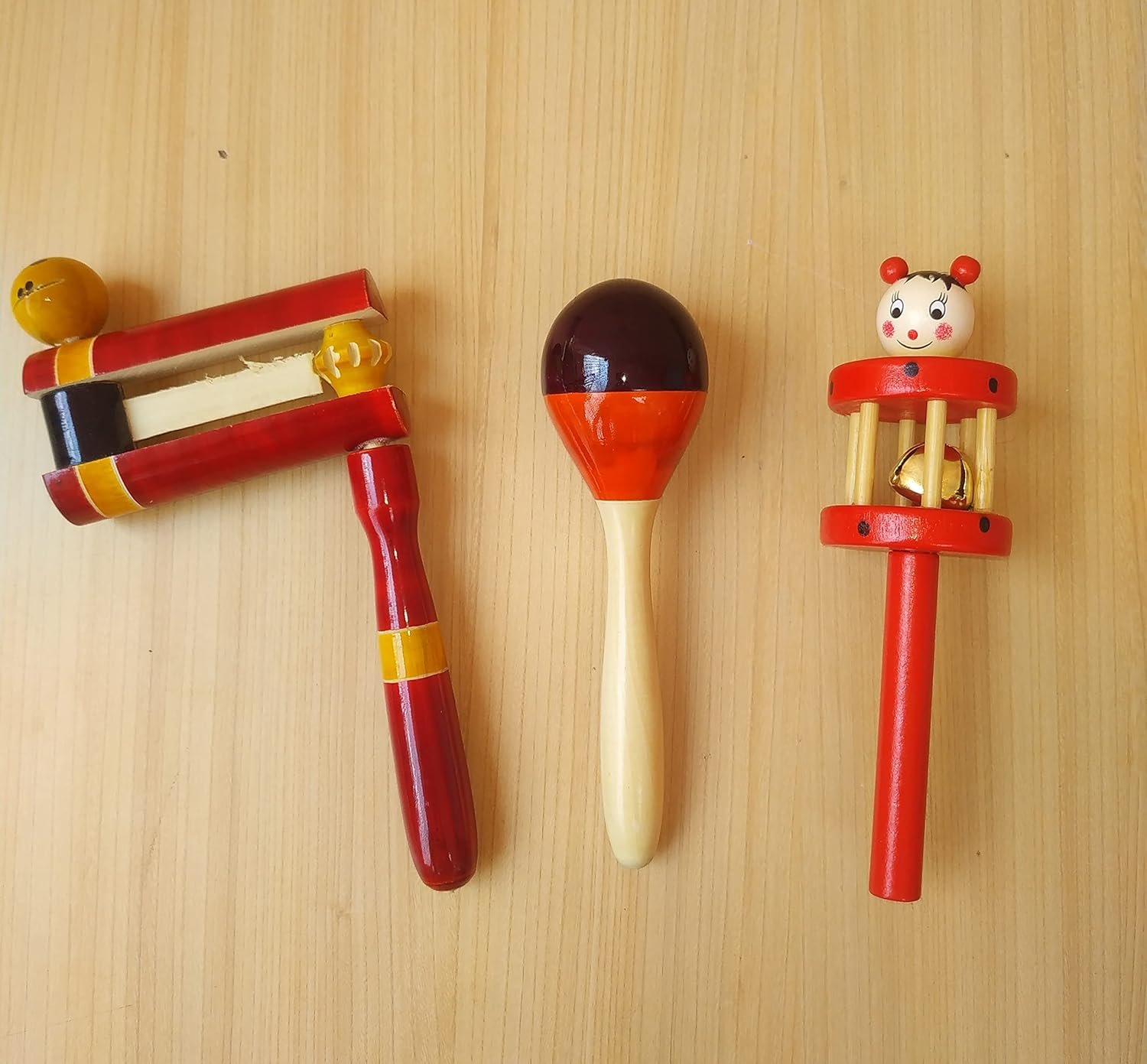 Channapatna Toys Wooden Rattle Toys for Baby/Infants (0+ Years) - Set of 3 pcs - Multicolor - Discover Sounds, Develops Sensory Skills