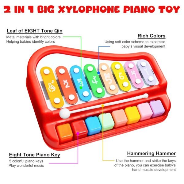 VGRASSP 2 in 1 Big Xylophone and Piano Toy for Kids with 8 Colorful Keys and Drum Sticks - Musical Instrument Toy for Baby and Toddlers - Red - Image 5