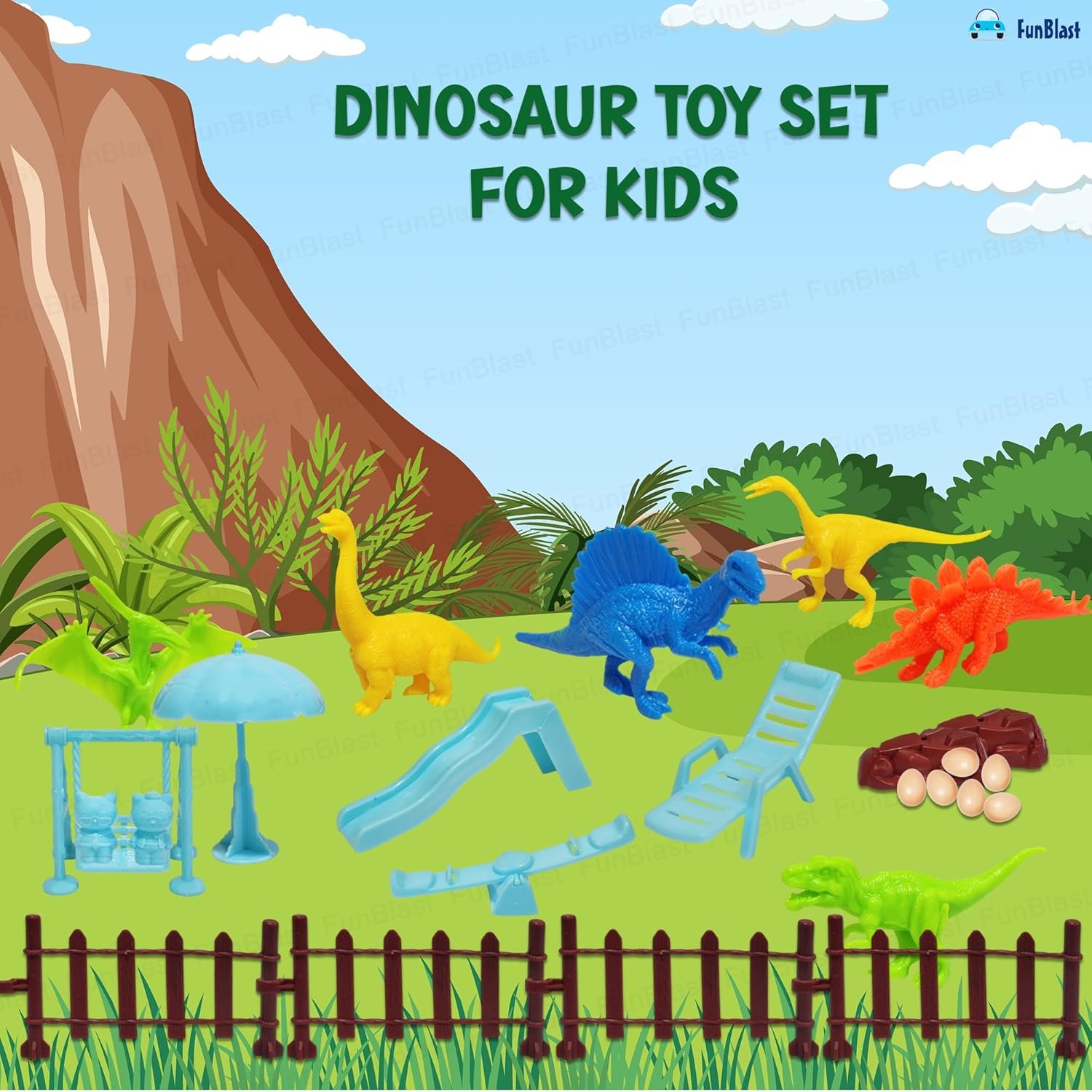 FunBlast Colorful Dinosaur Toy Play Set for Kids, Dinosaur Toy Set, Animal Figure Toys, Set of 6 Dinosaur with Eggs, Trees and Other Accessories. (Multicolor) - Image 6
