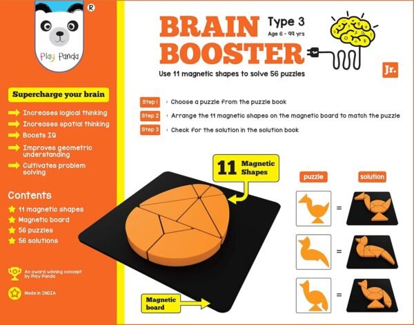 Play Panda Brain Booster Set 3 (Junior) - 56 Puzzles Designed to Boost Intelligence - with Magnetic Shapes, Magnetic Board, Puzzle Book and Solution Book - Image 2