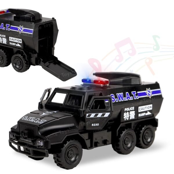 Toyshine 1:40 Scale Die Cast Pull Back High Simulation Police Armored Vehicle Truck Toy with Opening Doors, Light & Music Model Collection Educational Learning Toys for Kids 3+, Black - Image 6