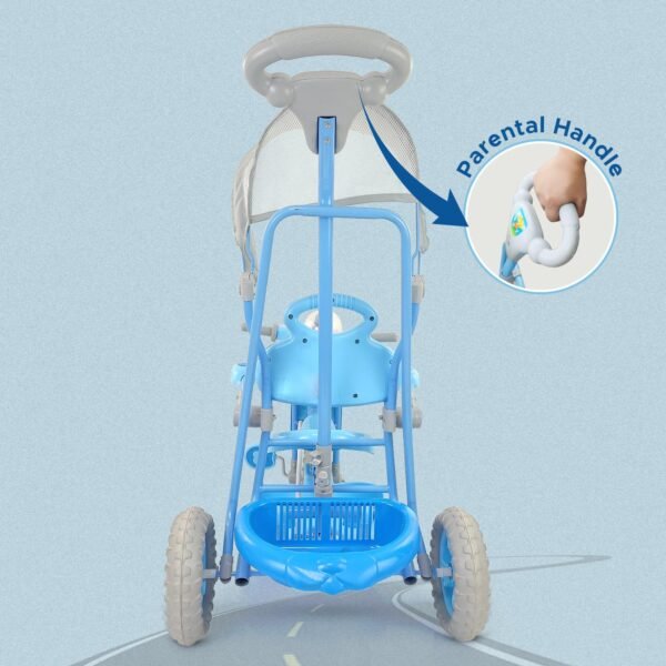 Dash Vega Kids Musical Tricycle with Rear Storage Basket, Foot Rest, Back Support, Adjustable Canopy & Parent Control Push Handle, Capacity Upto 20 kg for Kids (1 to 4 Years, Blue) - Image 4