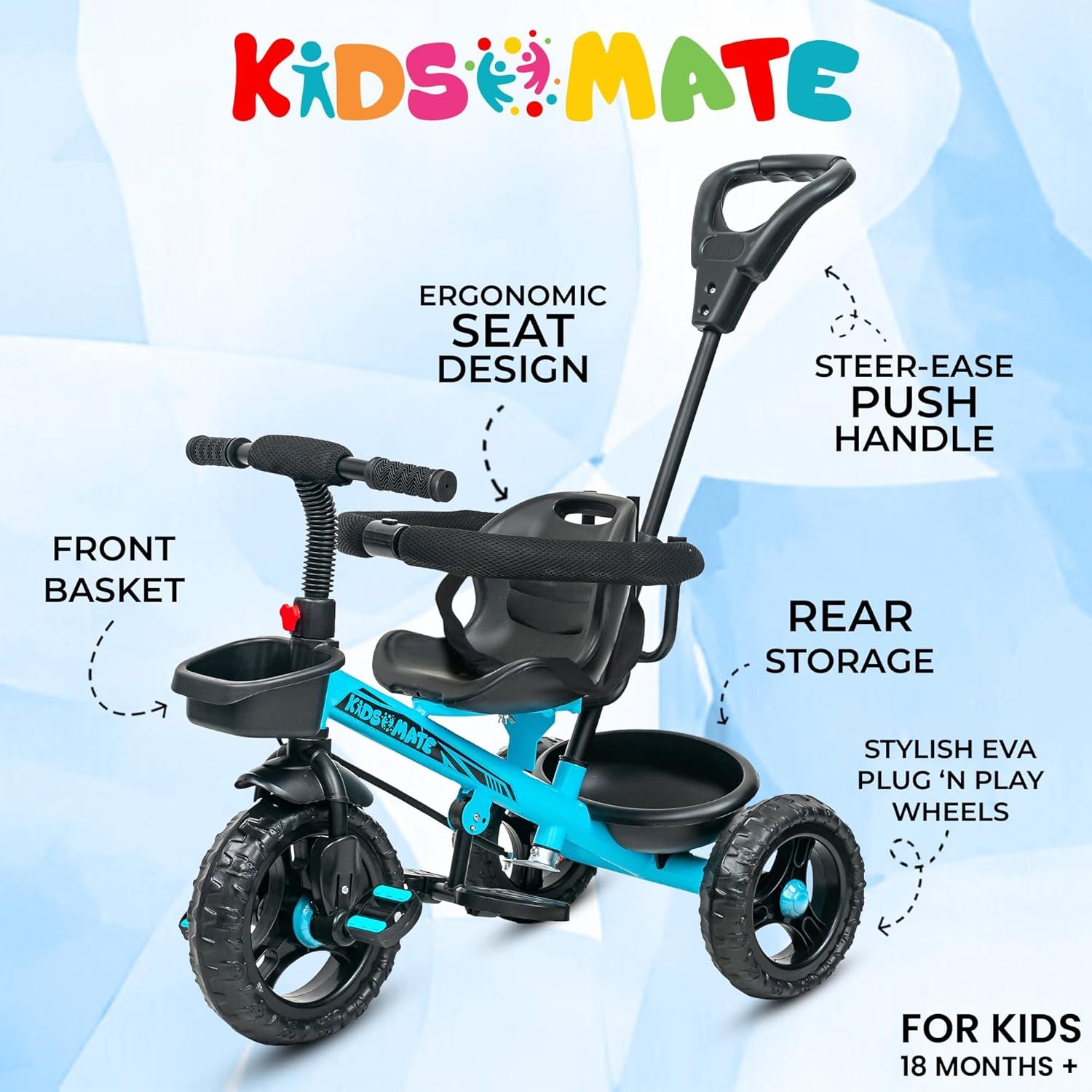 Kidsmate Xplorer 3-in-1 Tricycle for Kids | Durable Plug & Play Baby Trike with EVA Wheels, Safety Rail & Push Handle for Parents | Safe & Comfortable Ride for Toddlers 12-48 Months - Blue - Image 4