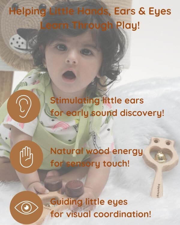 HippoToys Wooden Rattle Set – Baby Toys 0-12 Months, Jhunjhuna for Newborn, Montessori Safe Teething Toys, Handmade Natural Wood Gift for Baby Boys & Girls 3-6 Months, Perfect Baby Shower Gift. - Image 3