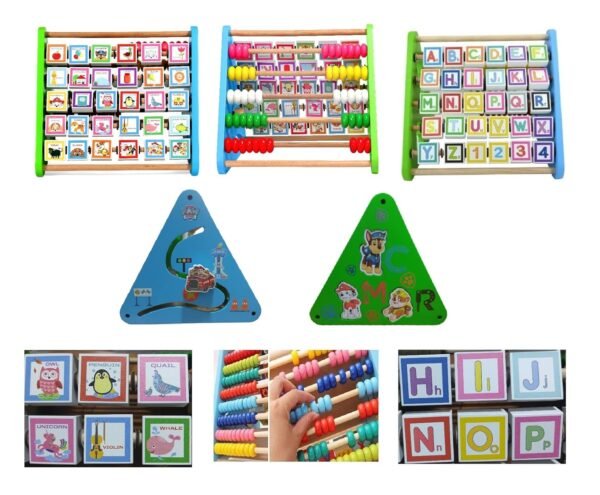 Wooden Activity Triangle Center Alphabet Blocks Abacus Clock Writing Counting Beads Assembly 4 in 1 Cube Toys for Babies Montessori Learning Toy for 1-5 Year Old Kids - Image 5