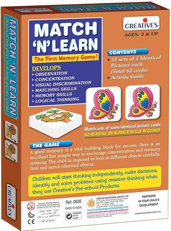 Creative\'s Match N Learn | Preschool Educational Matching Game | Toddler Cognitive Learning Cards | Observation, Memory & Visual Discrimination Toy | 62 Picture Cards for Kids Ages 3+ - Image 4