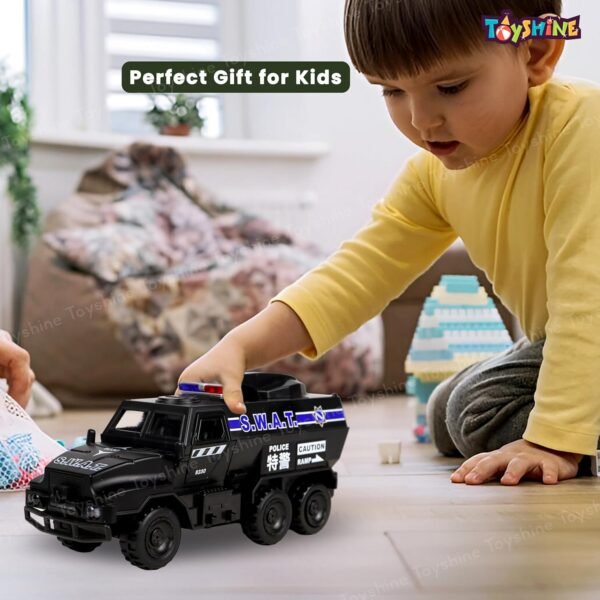 Toyshine 1:40 Scale Die Cast Pull Back High Simulation Police Armored Vehicle Truck Toy with Opening Doors, Light & Music Model Collection Educational Learning Toys for Kids 3+, Black - Image 2