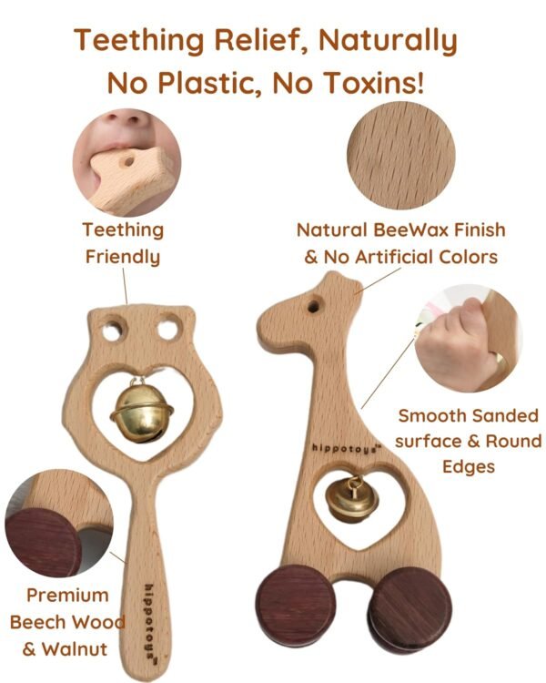 HippoToys Wooden Rattle Set – Baby Toys 0-12 Months, Jhunjhuna for Newborn, Montessori Safe Teething Toys, Handmade Natural Wood Gift for Baby Boys & Girls 3-6 Months, Perfect Baby Shower Gift. - Image 5