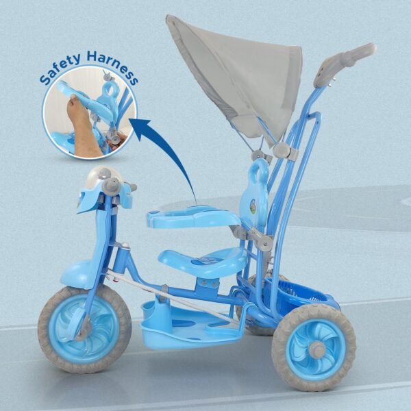 Dash Vega Kids Musical Tricycle with Rear Storage Basket, Foot Rest, Back Support, Adjustable Canopy & Parent Control Push Handle, Capacity Upto 20 kg for Kids (1 to 4 Years, Blue) - Image 3