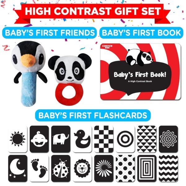 Einstein Box Gift Set for Babies and Newborns ages 0-3-6-9-12 Months | High Contrast Flash Cards for Visual Stimulation & Sensory Development | Gift Set of Rattles and High Contrast Book & Flash Cards - Image 2
