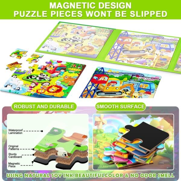 Magnetic Puzzles for Kids Ages 4-8, 3 in 1 Cartoon Jigsaw Puzzle Book, Kids Travel Puzzles Toys, Preschool Learning Toy for Kids 3-8 Year (Green Zoo) - Image 5
