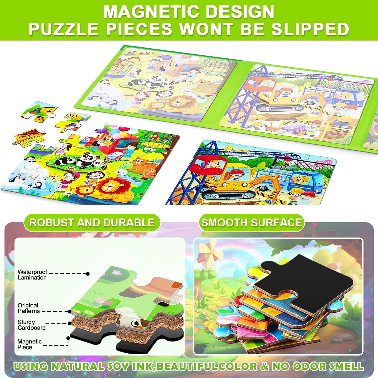 Magnetic Puzzles for Kids Ages 4-8, 3 in 1 Cartoon Jigsaw Puzzle Book, Kids Travel Puzzles Toys, Preschool Learning Toy for Kids 3-8 Year (Green Zoo) - Image 5