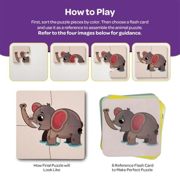 4 Piece Wooden Puzzle Set of 6 - Wild Animals - Kids Toys for 2-5 Years Boy - Educational Pre-School Toys, Safe & Durable, Zero Plastic, Vivid Printing - Image 3
