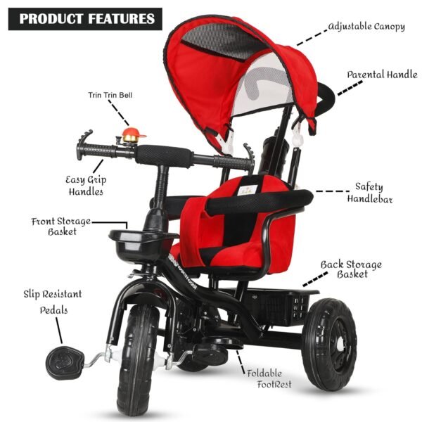 Amardeep and Co Baby Tricycle Sunshine with Safety Armrest, Parental Control and Canopy (1-5 Yrs) - Red - Image 3