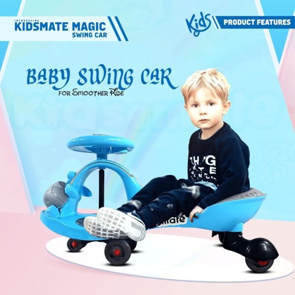 Kidsmate Magic Swing Car for Kids | 360° Rotating Baby Car | Kids Ride on Toy Car | Durable & Vibrant Design with Music & Lights | Indoor & Outdoor Use Kids Car with Wide seat | 3+ Years (Blue) - Image 3