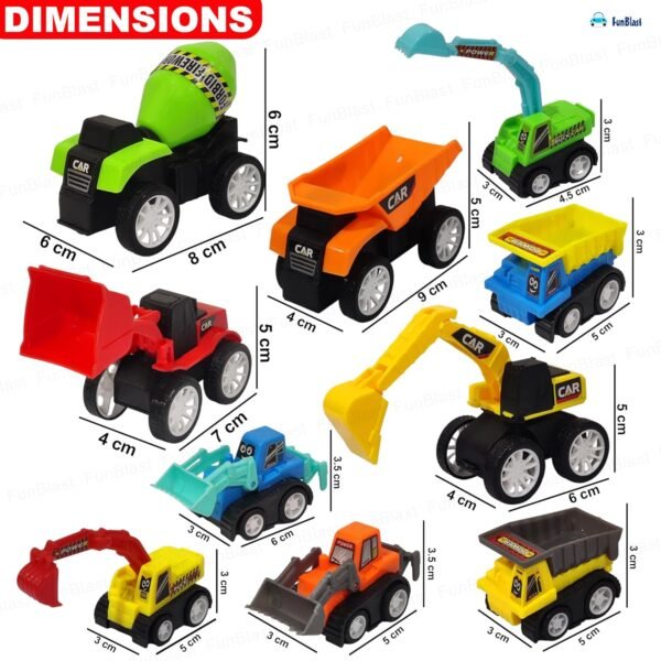 FunBlast Pull Back Vehicles Toy Cars Playset - Set of 10, Construction Mini Power Friction Trucks for 3+ Years Old Kids - Multicolor - Image 2