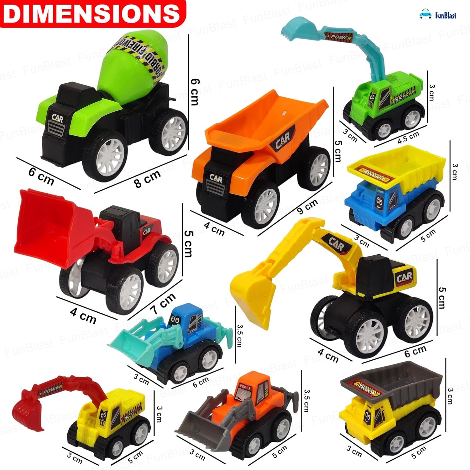 FunBlast Pull Back Vehicles Toy Cars Playset - Set of 10, Construction Mini Power Friction Trucks for 3+ Years Old Kids - Multicolor - Image 2