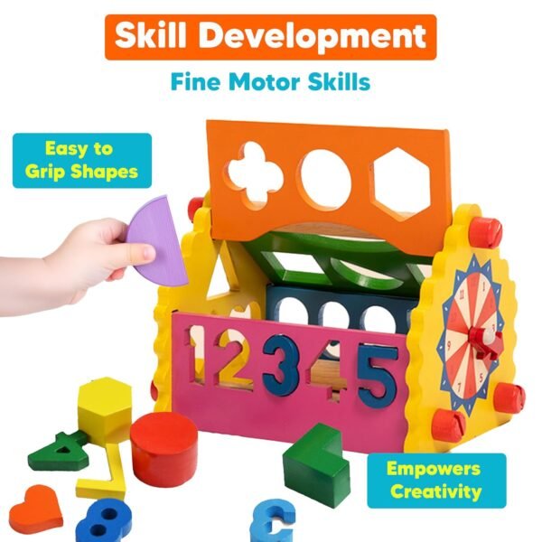 shumee 6-in-1 Wooden Shape Sorter Activity Toy (1+ Years) | Multicolor | Learning for Alphabets, Numbers, Time & Shapes | Educational Toddler Toy | Made in India - Image 3