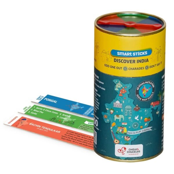 Chalk and Chuckles Smart Sticks Discover India, Kids Games Age 7+ Years, India Map Puzzle, Fun Educational Toys, Card Game, Birthday Return Gift for Girls, Boys Ages 8, 9, 10, 11, 12