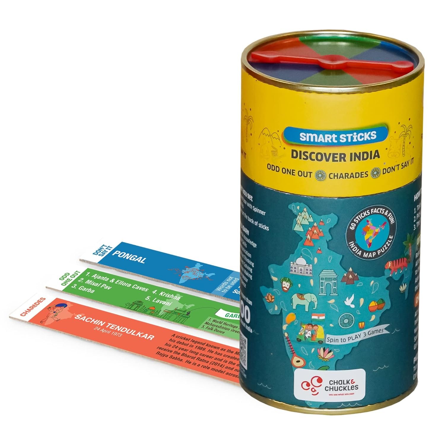 Chalk and Chuckles Smart Sticks Discover India, Kids Games Age 7+ Years, India Map Puzzle, Fun Educational Toys, Card Game, Birthday Return Gift for Girls, Boys Ages 8, 9, 10, 11, 12