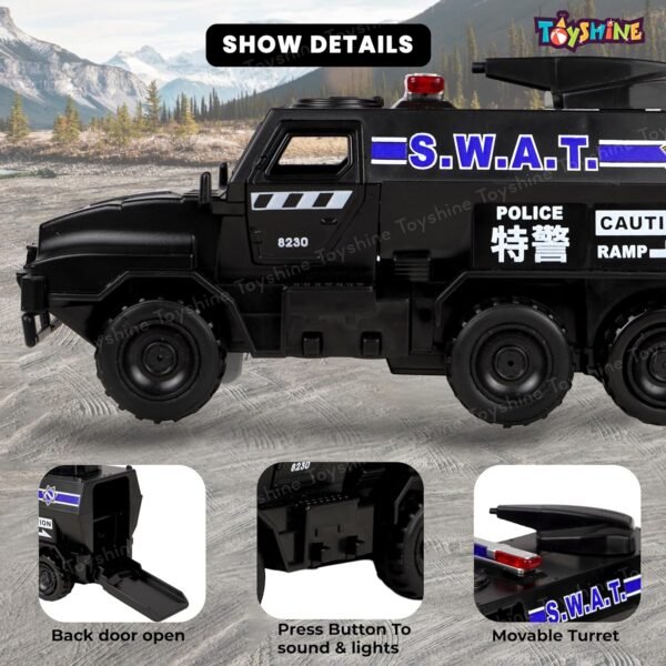 Toyshine 1:40 Scale Die Cast Pull Back High Simulation Police Armored Vehicle Truck Toy with Opening Doors, Light & Music Model Collection Educational Learning Toys for Kids 3+, Black - Image 5