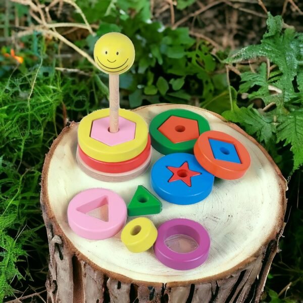 SMARTBEE Wooden Advanced Shape Rainbow Stacker | Color and Shape Sorter Toy for Kids Age 2-4 | Learning Toy & Gift for Children - Image 3