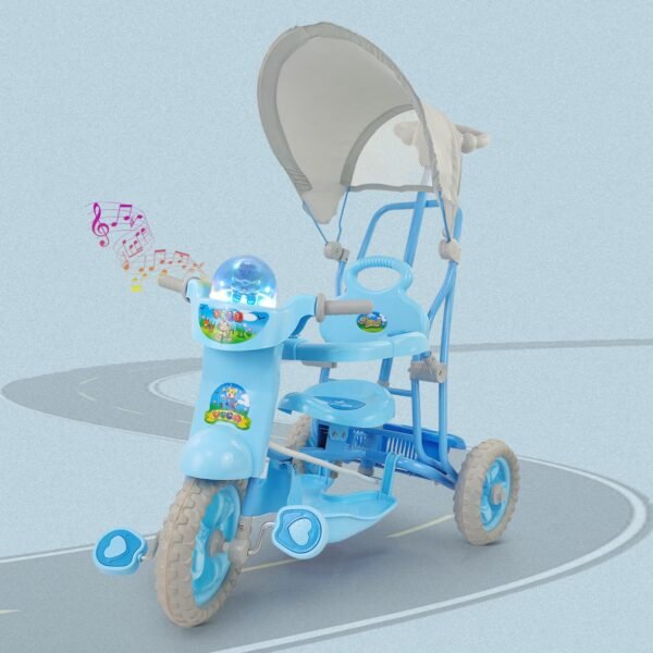 Dash Vega Kids Musical Tricycle with Rear Storage Basket, Foot Rest, Back Support, Adjustable Canopy & Parent Control Push Handle, Capacity Upto 20 kg for Kids (1 to 4 Years, Blue)