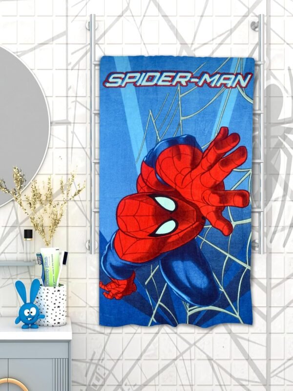 Athom Living Marvel Spider-Man 350 GSM Cotton Bath Towel for Kids & Adults – Soft, Absorbent, Quick-Drying, Blue Color, Superhero Themed Towel
