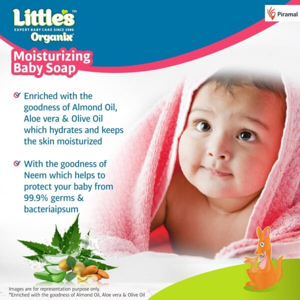 Little\'S Organix Moisturizing Baby Soap |75g (Pack Of 5)| Gentle Bathing Bar Soap with Organic Almond Oil, Olive Oil, Aloe Vera & Neem for Baby\'s Sensitive Skin | Protetcs From 99.9% Germs | Kids Soap - Image 2