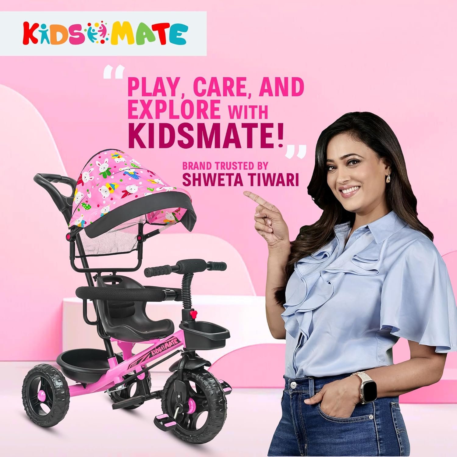 Kidsmate Deluxe 4-in-1 Tricycle for Kids with Adjustable Canopy | Durable Plug & Play Baby Trike with Safety Rail & Push Handle for Parents | Safe & Comfortable Ride for Toddlers 12-48 Months - Pink - Image 3