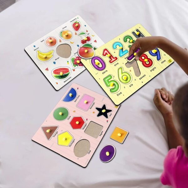 Fruits And Geometric Shapes And 0 To 9 Number Shape Pegboard Wooden Shape Sorter Educational Learning Puzzle For 2-5 Year Kids- Combo Pack Of 3 - Image 2