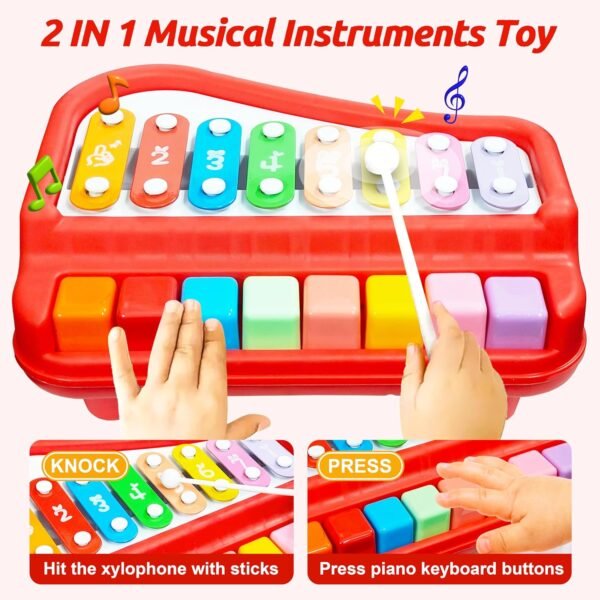 VGRASSP 2 in 1 Big Xylophone and Piano Toy for Kids with 8 Colorful Keys and Drum Sticks - Musical Instrument Toy for Baby and Toddlers - Red - Image 4