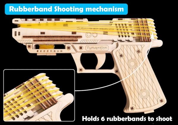 Funvention- for Little Scientist in Every Kid Handgun - Diy Functional Mechanical Model Stem 3D Puzzle Lerning Kit Collectible Building Kit With Rubberband Shooting & Storage,Pack Of 1,Multicolor