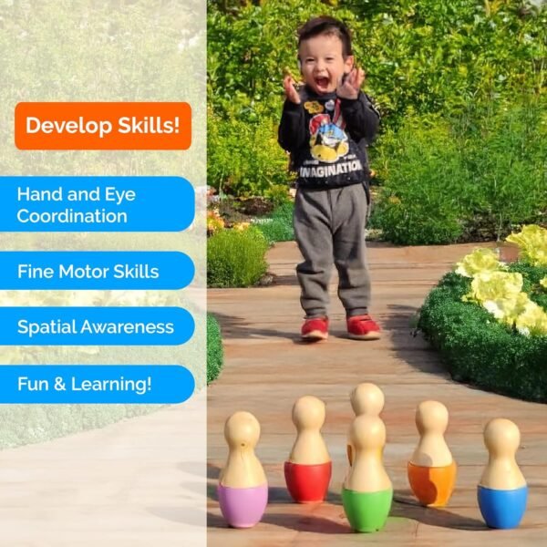 shumee Wooden Bowling Set for Ages 2+ with 6 Pins & 1 Ball | Coordination & Fine Motor Skill Toys for Kids | Activity Toys for 2-5 Years Old | Durable & Lightweight | Ideal Gift - Image 4