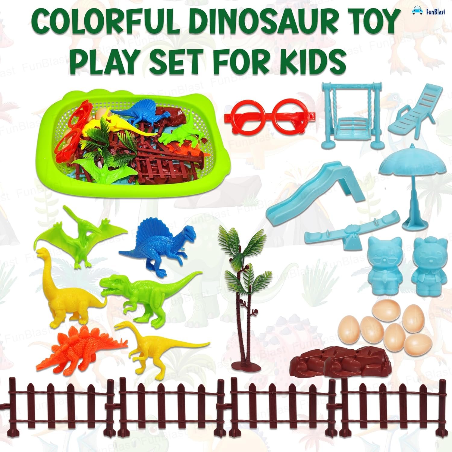 FunBlast Colorful Dinosaur Toy Play Set for Kids, Dinosaur Toy Set, Animal Figure Toys, Set of 6 Dinosaur with Eggs, Trees and Other Accessories. (Multicolor) - Image 4