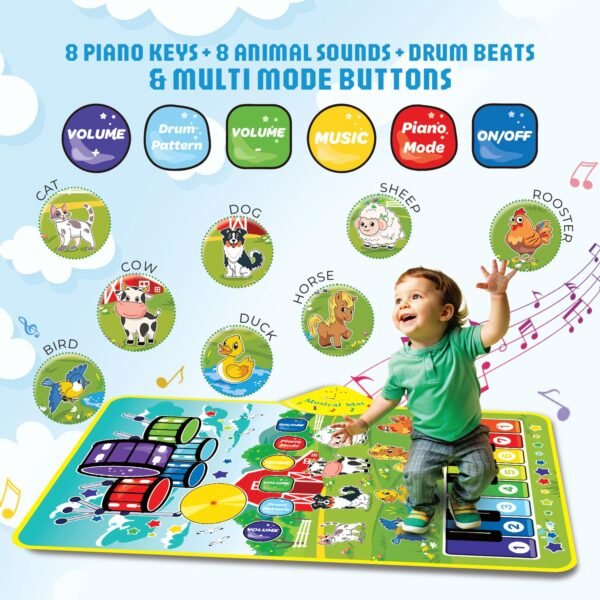 3-in-1 (Cow & Sheep ) Piano Mat for Toddlers, Piano & Drum Mat with 2 Sticks, Featuring Animal, Piano, and Drum Sounds, Educational Toy for 12 Months+, Ideal for 1-3 Year Toddler - Design 2 - Image 3