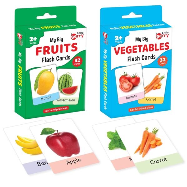 Big Flash Cards for Kids: Fruits and Vegetables (Set of 2) | 64 Double-Sided Picture Cards | Early Learning and Development Toy for Preschoolers & Toddlers 2-6 Years