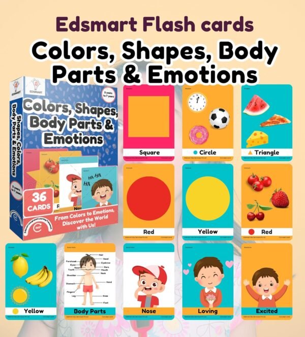 Edsmart Thick Flash Cards for Toddlers & Preschool Learning for Kids 1, 2, 3, 4 Years | Montessori Toys & Games (Colors, Shapes, Body Parts and Emotions) - Image 5