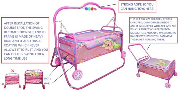 Baby Cradle for Newborn Babies with Deluxe Comfortable Baby Swing palna baggi with a Foldable Design for 0 to 2 Years Pink Colour jhula for Boys and Girls - Image 5
