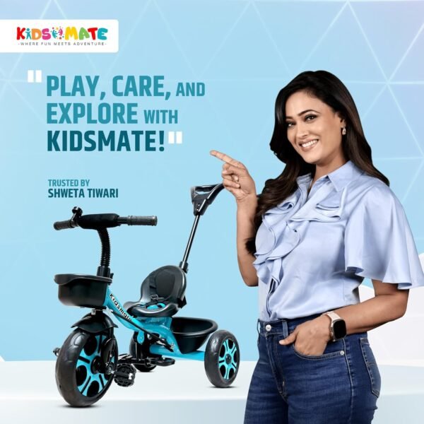 Kidsmate Junior Tricycle for Kids with Parental Control | Cycle for Kids 1-4 Years | Baby Cycle | Bicycle for Kids with Storage Basket, Cushion Seat and Seat Belt Carrying Capacity 30 Kgs (Blue) - Image 3