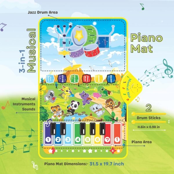 3-in-1 (Musical Instruments 1) Piano Mat for Kids, Musical Piano Mat – Drum, Piano & Instrument Sounds with 2 Sticks, Animal Prints, Educational Toy for Toddlers 12M+, Ideal for 1-3 Years - Image 6