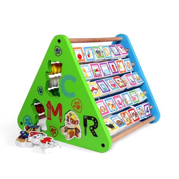 4 in 1 Wooden Activity Triangle Center Cube | Alphabet Blocks, Abacus, Shape Shorter, Zig Zag Sliding Cartoon Figure Maze | Toys for Babies Montessori Learning Toy for 1-5 Year Old Kids