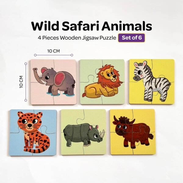 4 Piece Wooden Puzzle Set of 6 - Wild Animals - Kids Toys for 2-5 Years Boy - Educational Pre-School Toys, Safe & Durable, Zero Plastic, Vivid Printing - Image 2