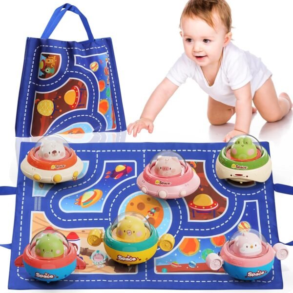6PCS Infant Car Toys with Playmat & Storage Bag,Animals Car Toys for Ages 0-2,1 Year Old Birthday Gift for Baby 12-18 Months,Space Theme Toys for 1 Year Old Boy and Girl