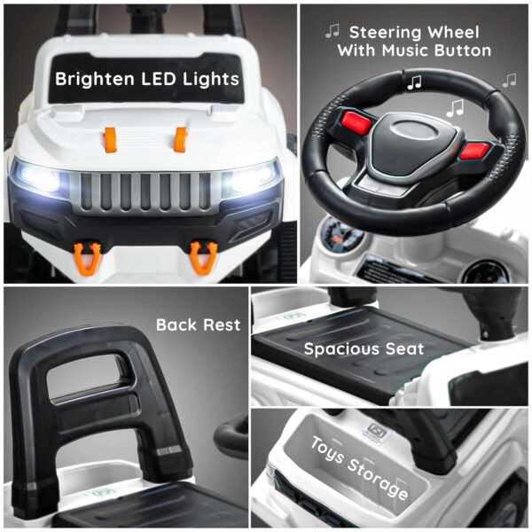 Baybee Speedy Ride on Baby Car for Kids | Ride on Toys Car with Music & LED Light | Portable Push Ride on Jeep with Backrest & Storage Basket | Kids Car to Drive 1-3 Years Boys Girls (White) - Image 4