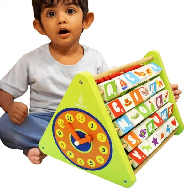 Shumee\'s 5-in-1 STEM Activity Triangle | Engage Your Baby with ABCD, Counting & Telling Time | Wooden Abacus and Gear Cube Toy for Kids| Gift for Boys and Girls | Kids Toys