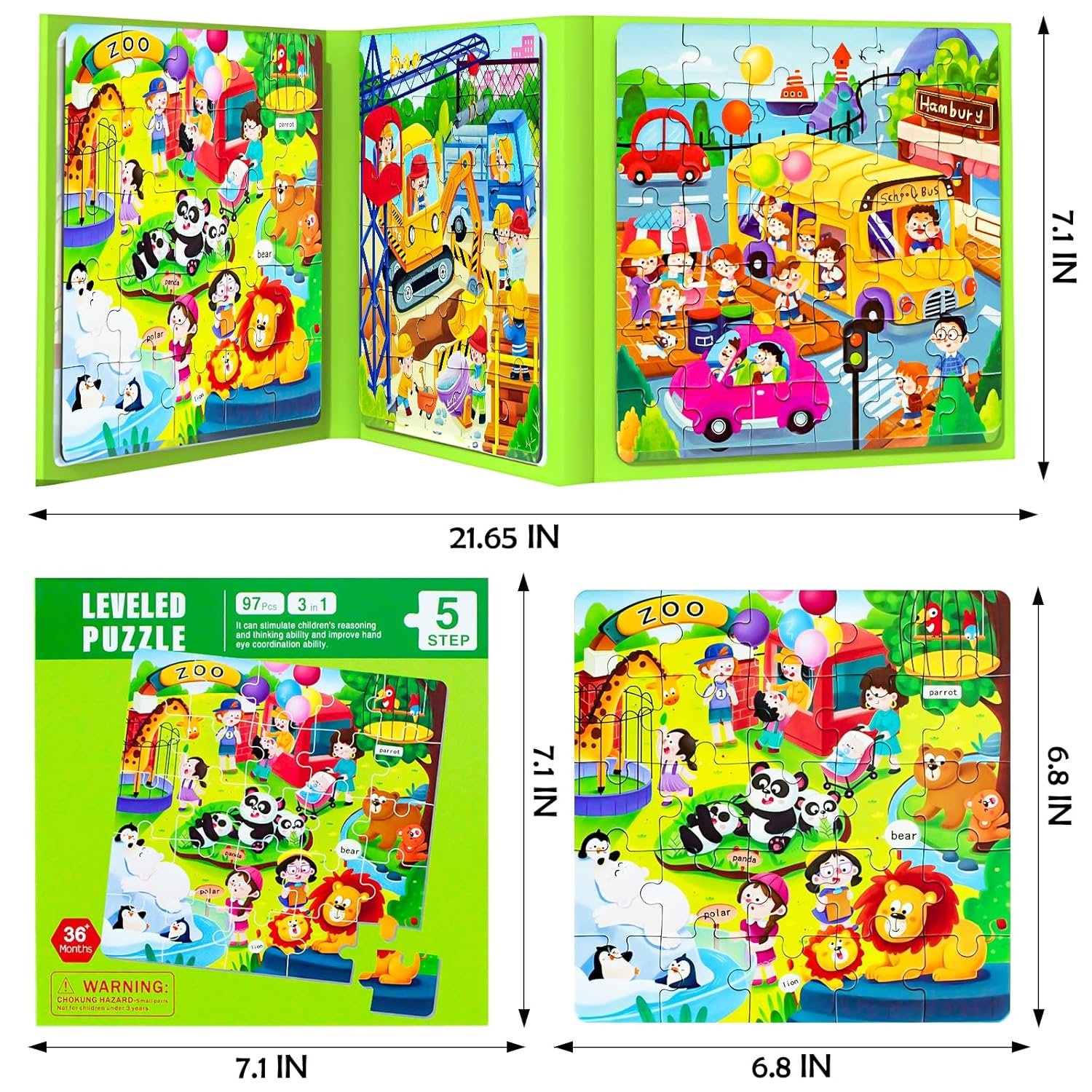 Magnetic Puzzles for Kids Ages 4-8, 3 in 1 Cartoon Jigsaw Puzzle Book, Kids Travel Puzzles Toys, Preschool Learning Toy for Kids 3-8 Year (Green Zoo) - Image 3